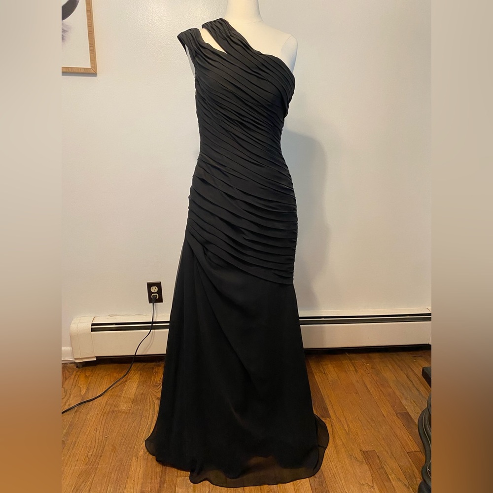 Never worn Bari Jay black one shoulder dress